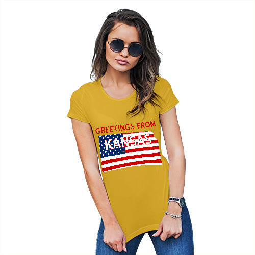 Womens Humor Novelty Graphic Funny T Shirt Greetings From Kansas USA Flag Women's T-Shirt Small Yellow