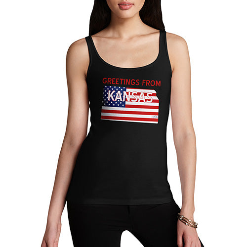 Women Funny Sarcasm Tank Top Greetings From Kansas USA Flag Women's Tank Top Medium Black