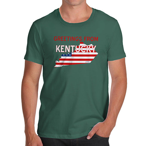 Mens Novelty T Shirt Christmas Greetings From Kentucky USA Flag Men's T-Shirt Large Bottle Green