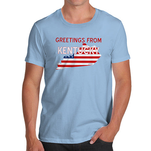 Funny T-Shirts For Guys Greetings From Kentucky USA Flag Men's T-Shirt Small Sky Blue