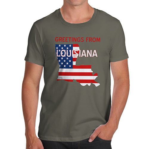 Funny T-Shirts For Guys Greetings From Louisiana USA Flag Men's T-Shirt X-Large Khaki