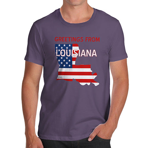 Mens Novelty T Shirt Christmas Greetings From Louisiana USA Flag Men's T-Shirt Small Plum