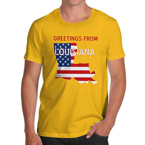 Novelty T Shirts For Dad Greetings From Louisiana USA Flag Men's T-Shirt Medium Yellow