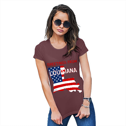 Womens Novelty T Shirt Greetings From Louisiana USA Flag Women's T-Shirt Small Burgundy