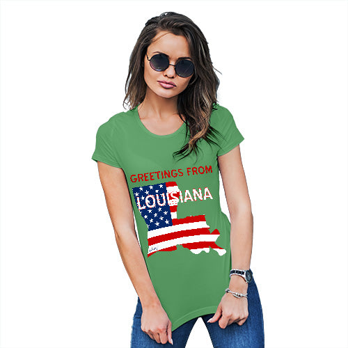 Womens Humor Novelty Graphic Funny T Shirt Greetings From Louisiana USA Flag Women's T-Shirt X-Large Green
