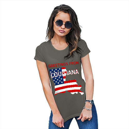 Womens Novelty T Shirt Christmas Greetings From Louisiana USA Flag Women's T-Shirt Medium Khaki