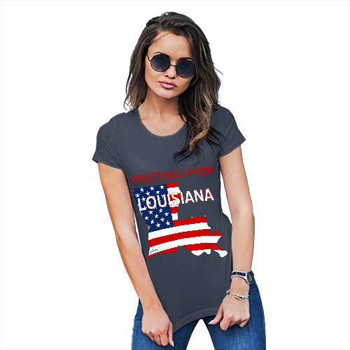 Funny T-Shirts For Women Sarcasm Greetings From Louisiana USA Flag Women's T-Shirt Large Navy