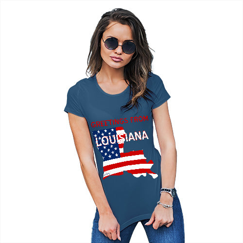 Womens Novelty T Shirt Greetings From Louisiana USA Flag Women's T-Shirt X-Large Royal Blue
