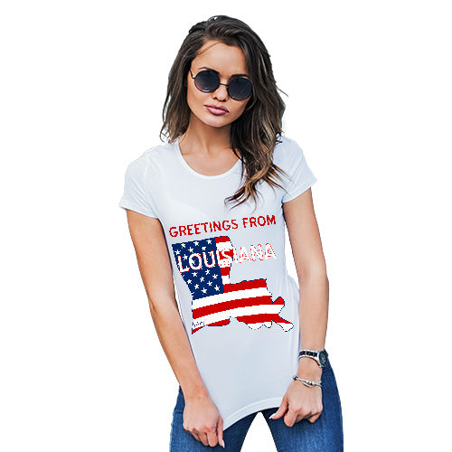 Funny Tshirts For Women Greetings From Louisiana USA Flag Women's T-Shirt Large White