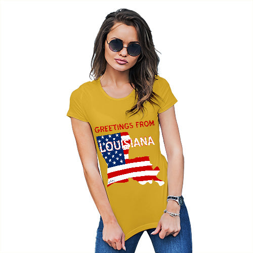 Funny Tee Shirts For Women Greetings From Louisiana USA Flag Women's T-Shirt Small Yellow