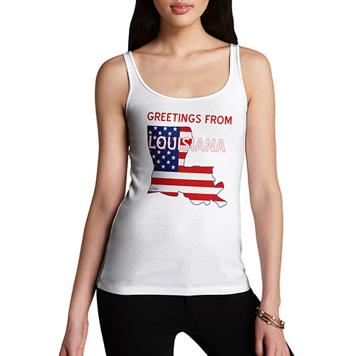 Novelty Tank Top Women Greetings From Louisiana USA Flag Women's Tank Top Large White