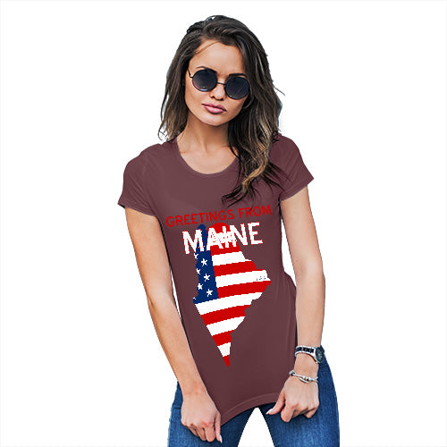 Funny Shirts For Women Greetings From Maine USA Flag Women's T-Shirt Medium Burgundy