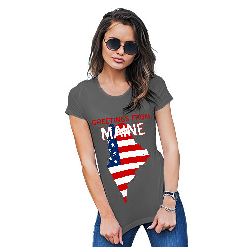 Funny T Shirts For Women Greetings From Maine USA Flag Women's T-Shirt Large Dark Grey