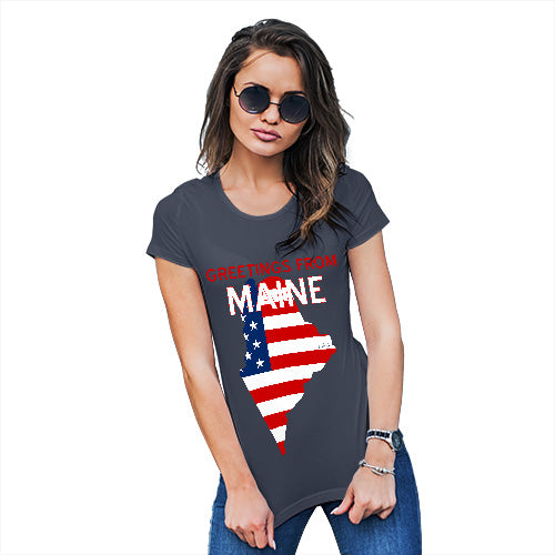 Womens Novelty T Shirt Christmas Greetings From Maine USA Flag Women's T-Shirt X-Large Navy