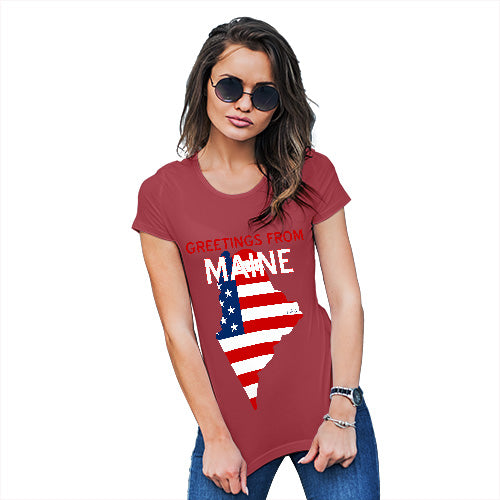 Funny Tee Shirts For Women Greetings From Maine USA Flag Women's T-Shirt Large Red