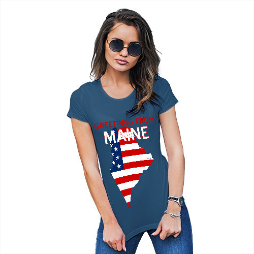 Novelty Gifts For Women Greetings From Maine USA Flag Women's T-Shirt Large Royal Blue