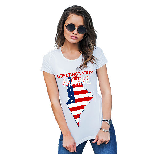 Womens Novelty T Shirt Greetings From Maine USA Flag Women's T-Shirt Medium White