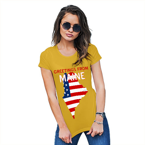 Novelty Tshirts Women Greetings From Maine USA Flag Women's T-Shirt Large Yellow