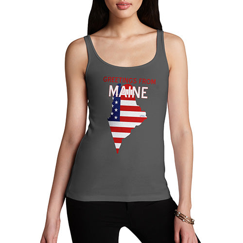 Womens Novelty Tank Top Christmas Greetings From Maine USA Flag Women's Tank Top Large Dark Grey
