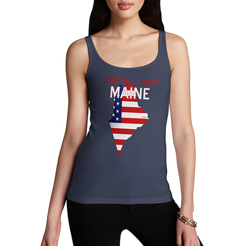 Funny Tank Top For Mom Greetings From Maine USA Flag Women's Tank Top Small Navy