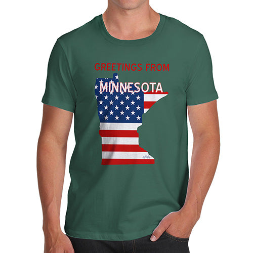 Novelty Tshirts Men Funny Greetings From Minnesota USA Flag Men's T-Shirt Small Bottle Green