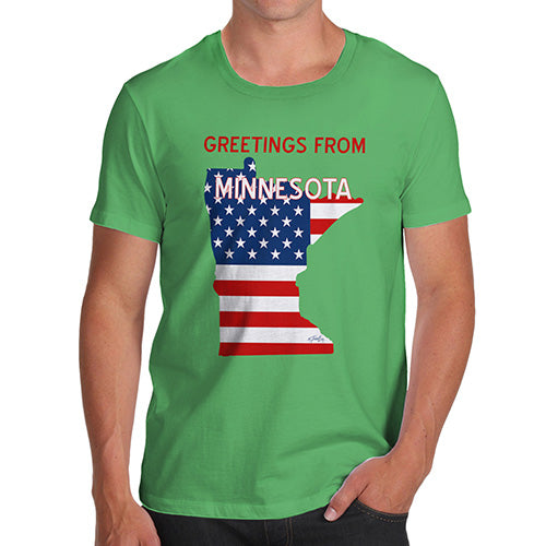 Funny T Shirts For Men Greetings From Minnesota USA Flag Men's T-Shirt Large Green