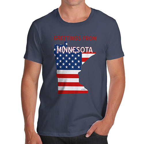 Funny Tee Shirts For Men Greetings From Minnesota USA Flag Men's T-Shirt Large Navy