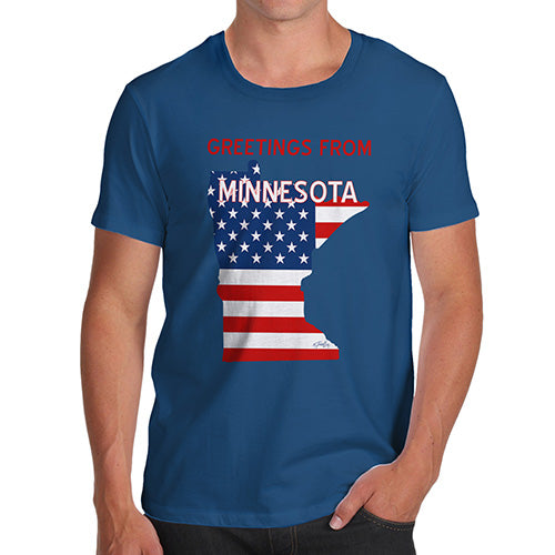 Funny Mens Tshirts Greetings From Minnesota USA Flag Men's T-Shirt X-Large Royal Blue