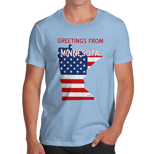 Funny T-Shirts For Men Sarcasm Greetings From Minnesota USA Flag Men's T-Shirt Medium Sky Blue