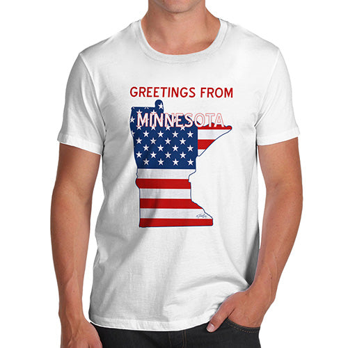 Novelty Tshirts Men Funny Greetings From Minnesota USA Flag Men's T-Shirt Small White
