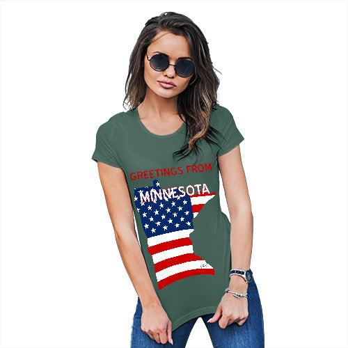 Womens Humor Novelty Graphic Funny T Shirt Greetings From Minnesota USA Flag Women's T-Shirt Large Bottle Green