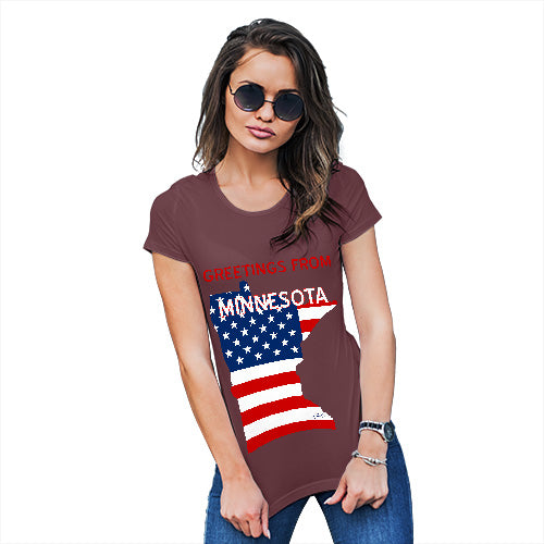 Funny Shirts For Women Greetings From Minnesota USA Flag Women's T-Shirt Medium Burgundy