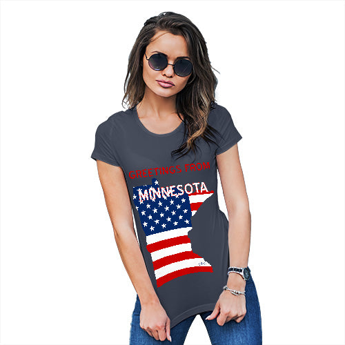 Womens Humor Novelty Graphic Funny T Shirt Greetings From Minnesota USA Flag Women's T-Shirt X-Large Navy