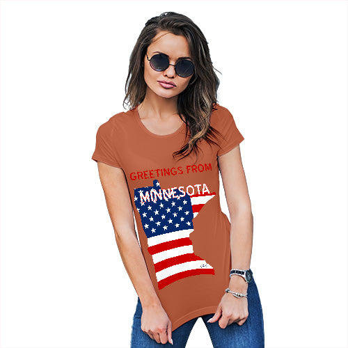 Womens Novelty T Shirt Greetings From Minnesota USA Flag Women's T-Shirt Small Orange