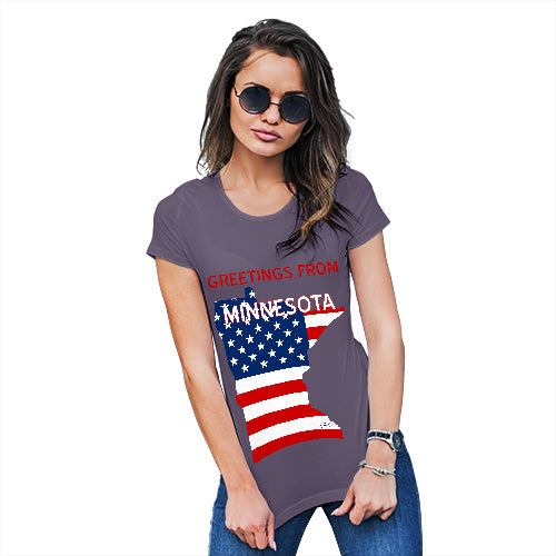 Funny T Shirts For Mom Greetings From Minnesota USA Flag Women's T-Shirt Large Plum