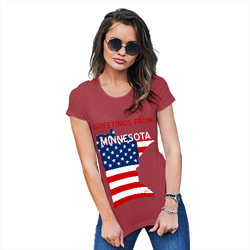 Novelty Gifts For Women Greetings From Minnesota USA Flag Women's T-Shirt Medium Red