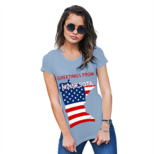 Womens Funny Sarcasm T Shirt Greetings From Minnesota USA Flag Women's T-Shirt Medium Sky Blue