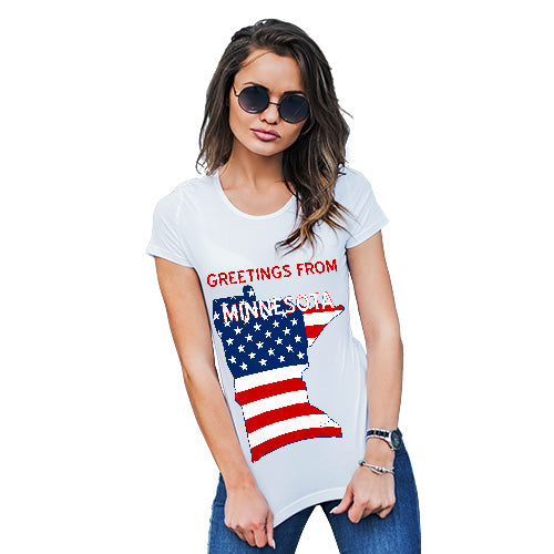 Funny T Shirts For Mom Greetings From Minnesota USA Flag Women's T-Shirt Medium White