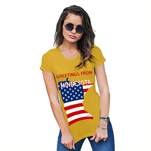 Funny Shirts For Women Greetings From Minnesota USA Flag Women's T-Shirt Large Yellow