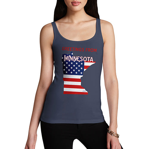 Womens Humor Novelty Graphic Funny Tank Top Greetings From Minnesota USA Flag Women's Tank Top Large Navy
