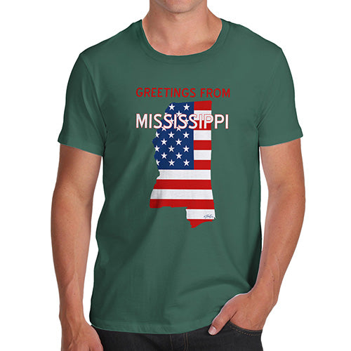 Funny Mens Tshirts Greetings From Mississippi USA Flag Men's T-Shirt Small Bottle Green