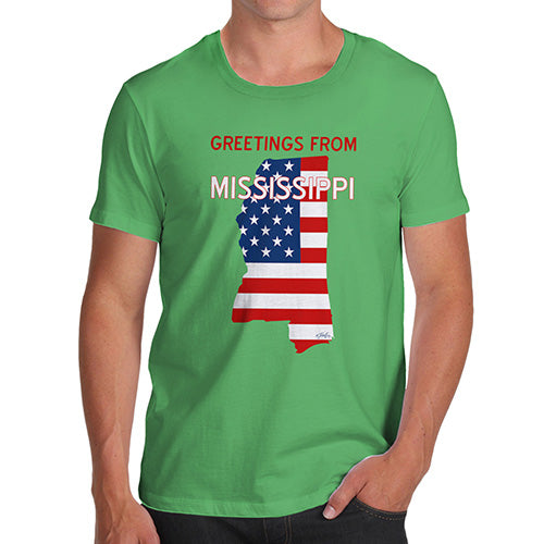 Funny Mens Tshirts Greetings From Mississippi USA Flag Men's T-Shirt Small Green