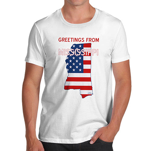 Funny Mens Tshirts Greetings From Mississippi USA Flag Men's T-Shirt Medium White