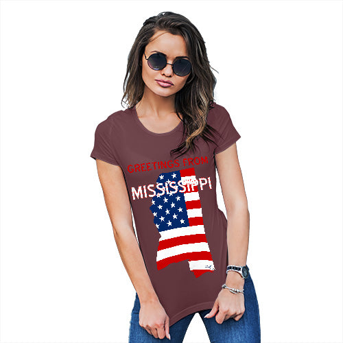 Womens Funny Tshirts Greetings From Mississippi USA Flag Women's T-Shirt Medium Burgundy
