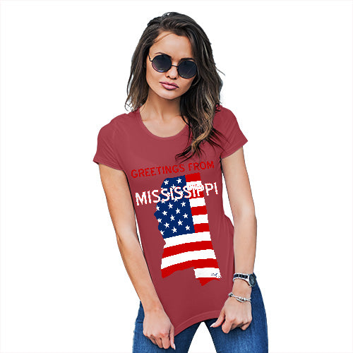 Womens Funny Sarcasm T Shirt Greetings From Mississippi USA Flag Women's T-Shirt Small Red