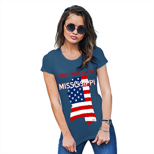 Funny T Shirts For Mom Greetings From Mississippi USA Flag Women's T-Shirt Small Royal Blue
