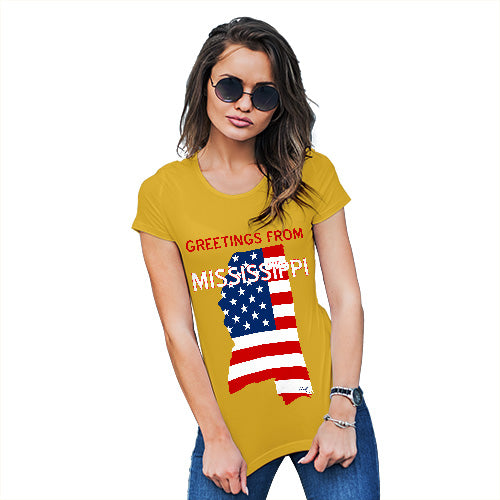 Novelty Tshirts Women Greetings From Mississippi USA Flag Women's T-Shirt Medium Yellow