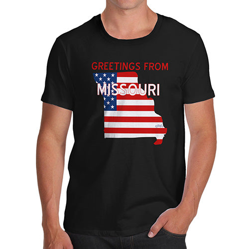 Novelty Tshirts Men Greetings From Missouri USA Flag Men's T-Shirt X-Large Black