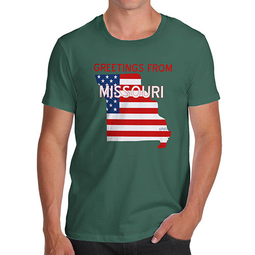 Funny Mens Tshirts Greetings From Missouri USA Flag Men's T-Shirt X-Large Bottle Green