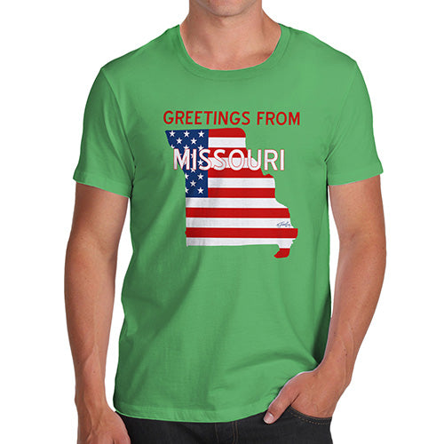 Mens Humor Novelty Graphic Sarcasm Funny T Shirt Greetings From Missouri USA Flag Men's T-Shirt Medium Green
